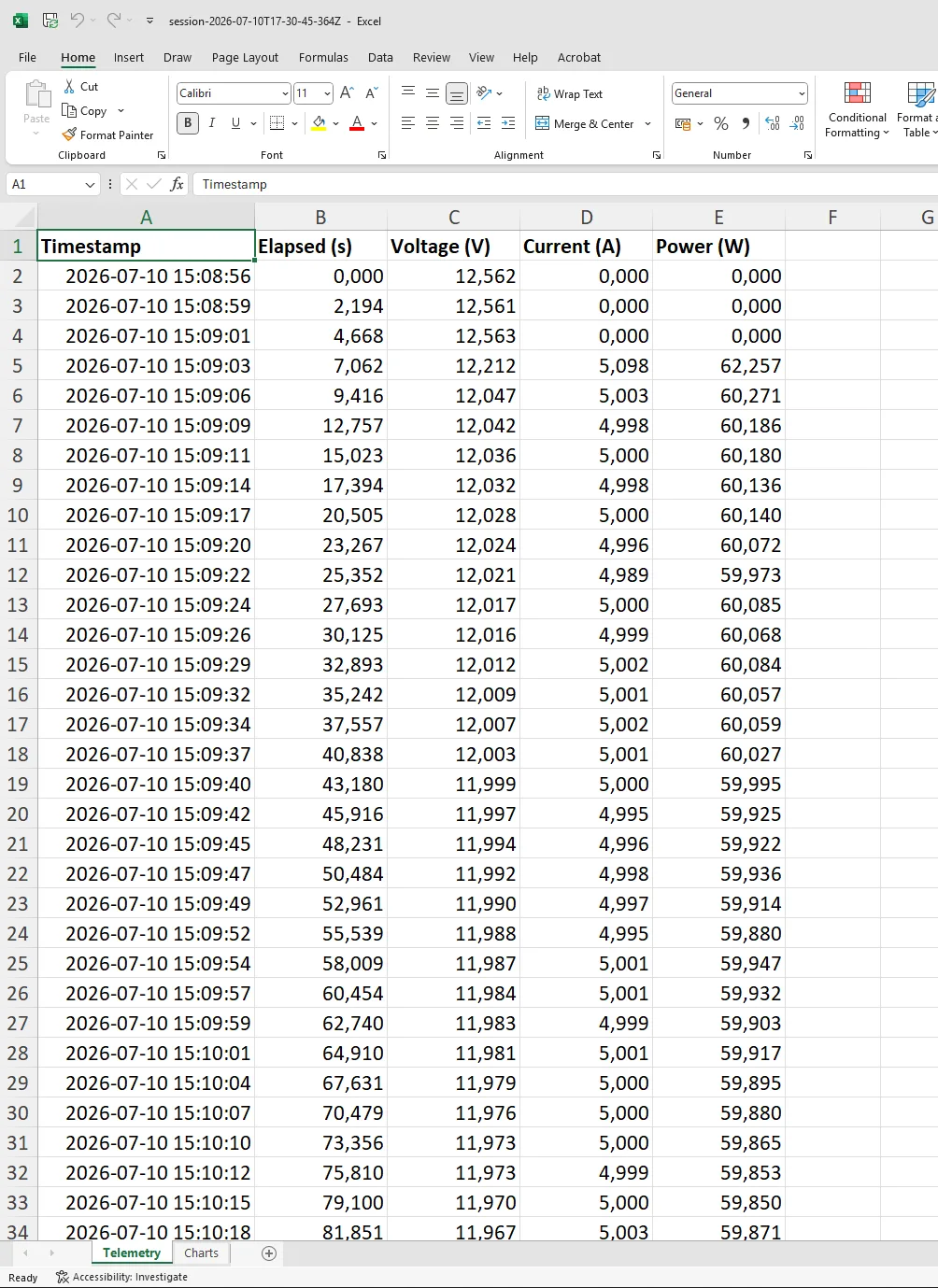 Excel export — telemetry